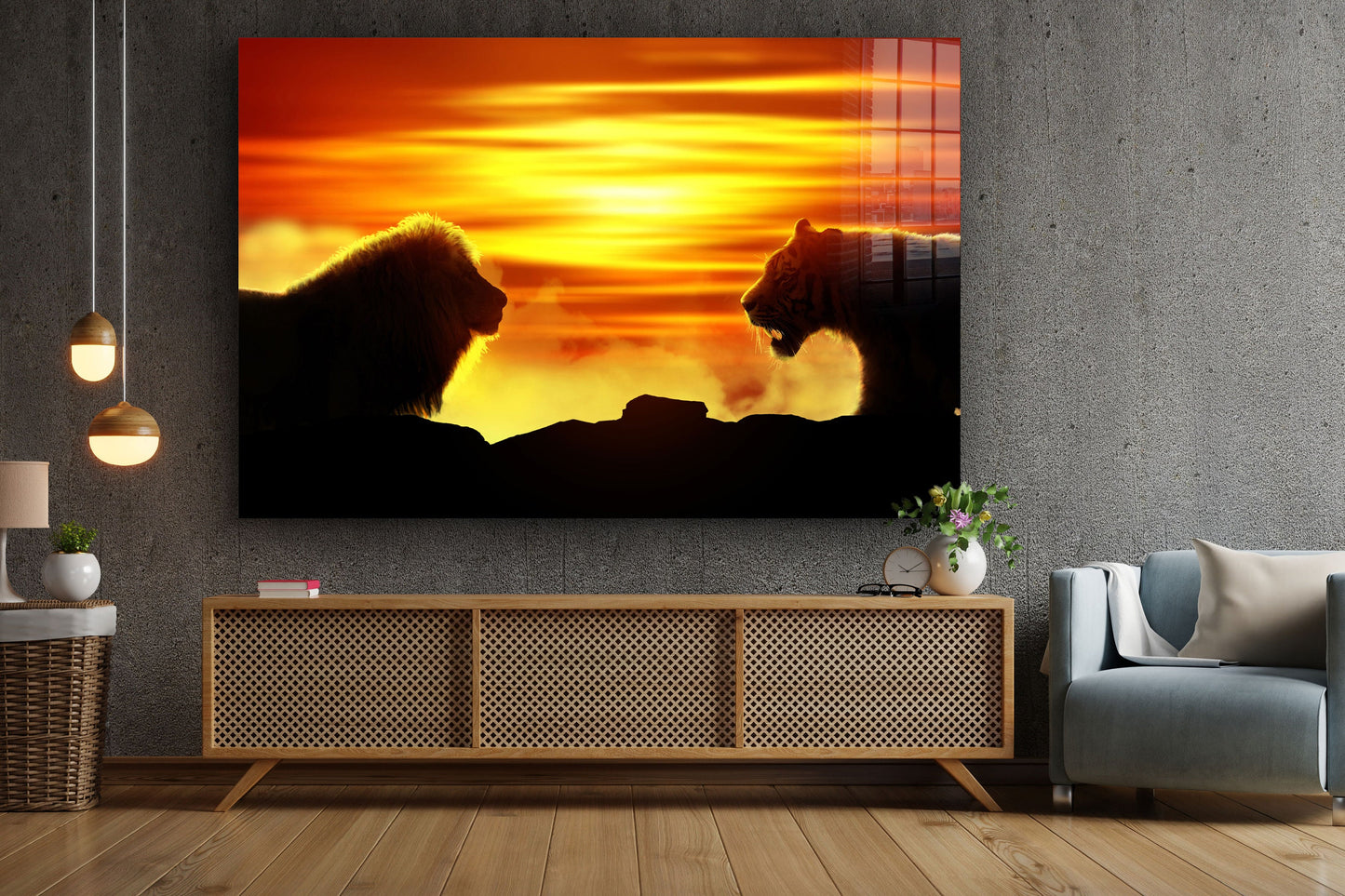 Lion & Lioness at the Sunset, Large Glass Wall Art