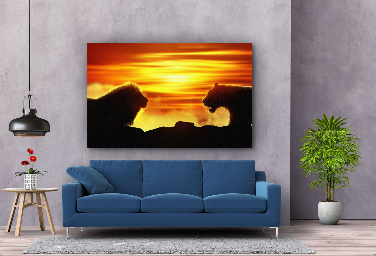 Lion & Lioness at the Sunset, Large Glass Wall Art