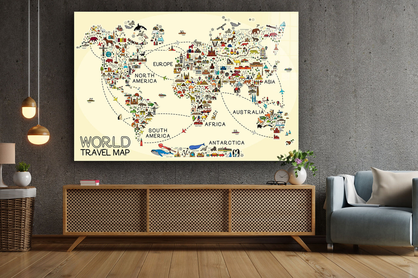 World Travel Map, Large Glass Wall Art
