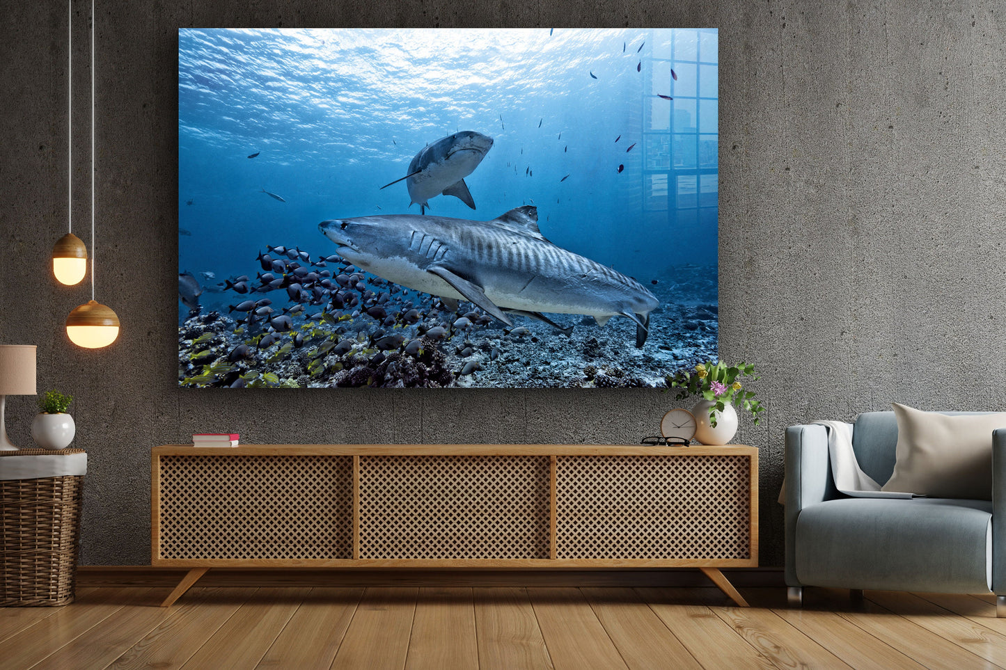 Shark Water, Tropical, Ocean Life, Large Glass Wall Art