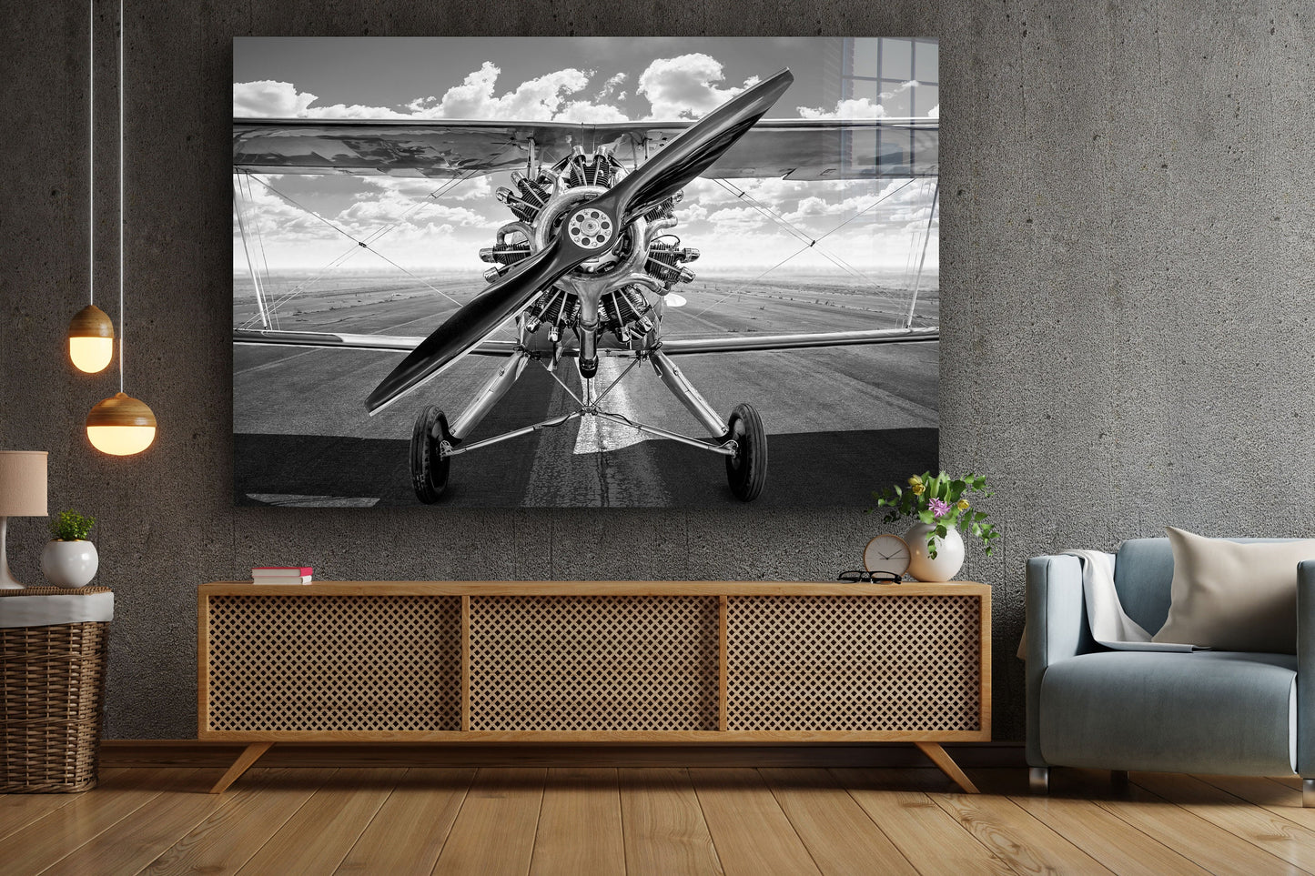 Biplane Black & White, Large Glass Wall Art