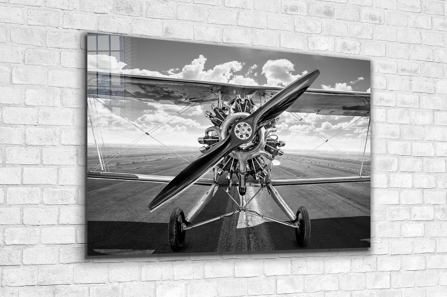 Biplane Black & White, Large Glass Wall Art