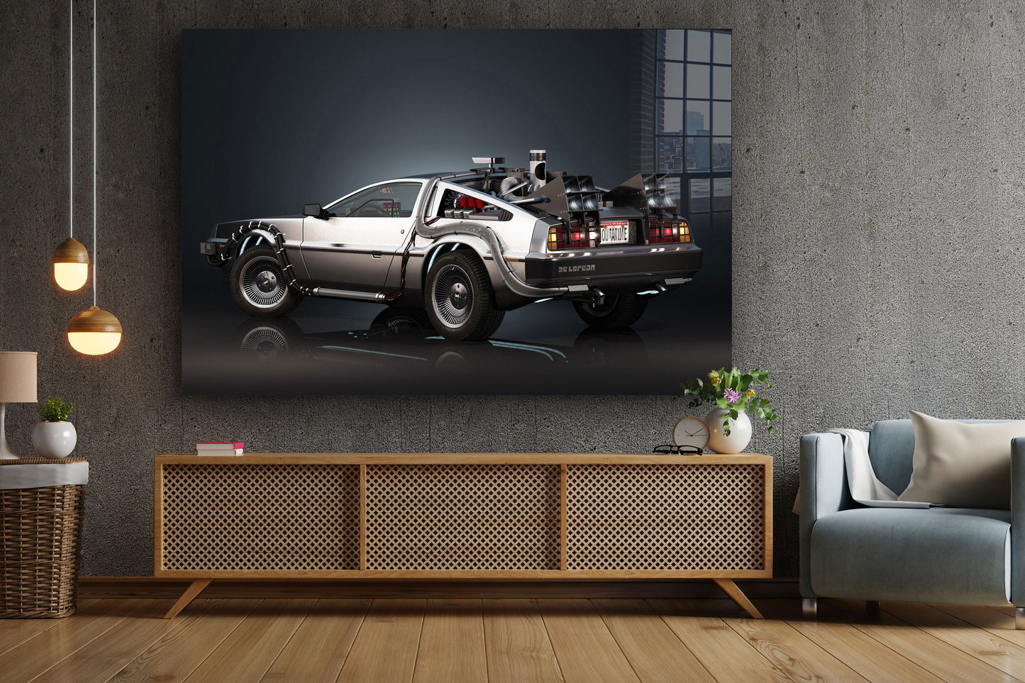 Delorean, Classic Car Large Glass Wall Art