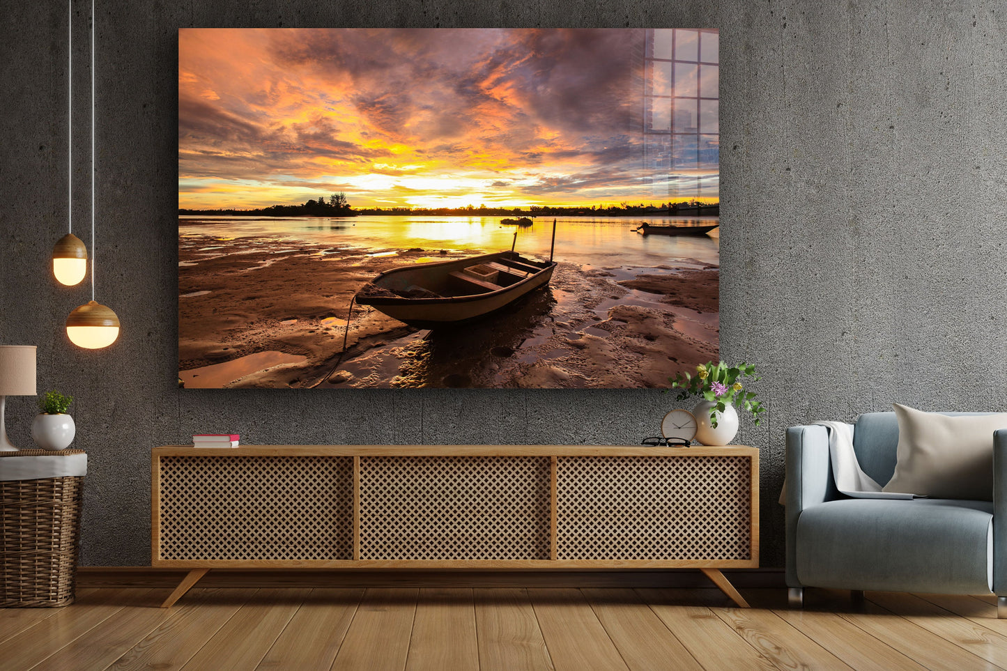 Beach and Boat, beach prints Large Glass Wall Art