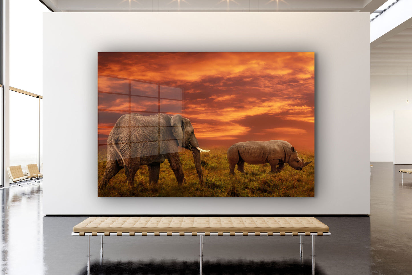 Elephant and Rhino Africa, Large Glass Wall Art