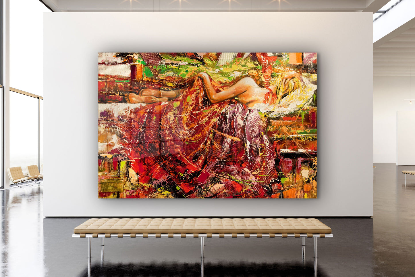 Woman laying in bed Large Glass Wall Art