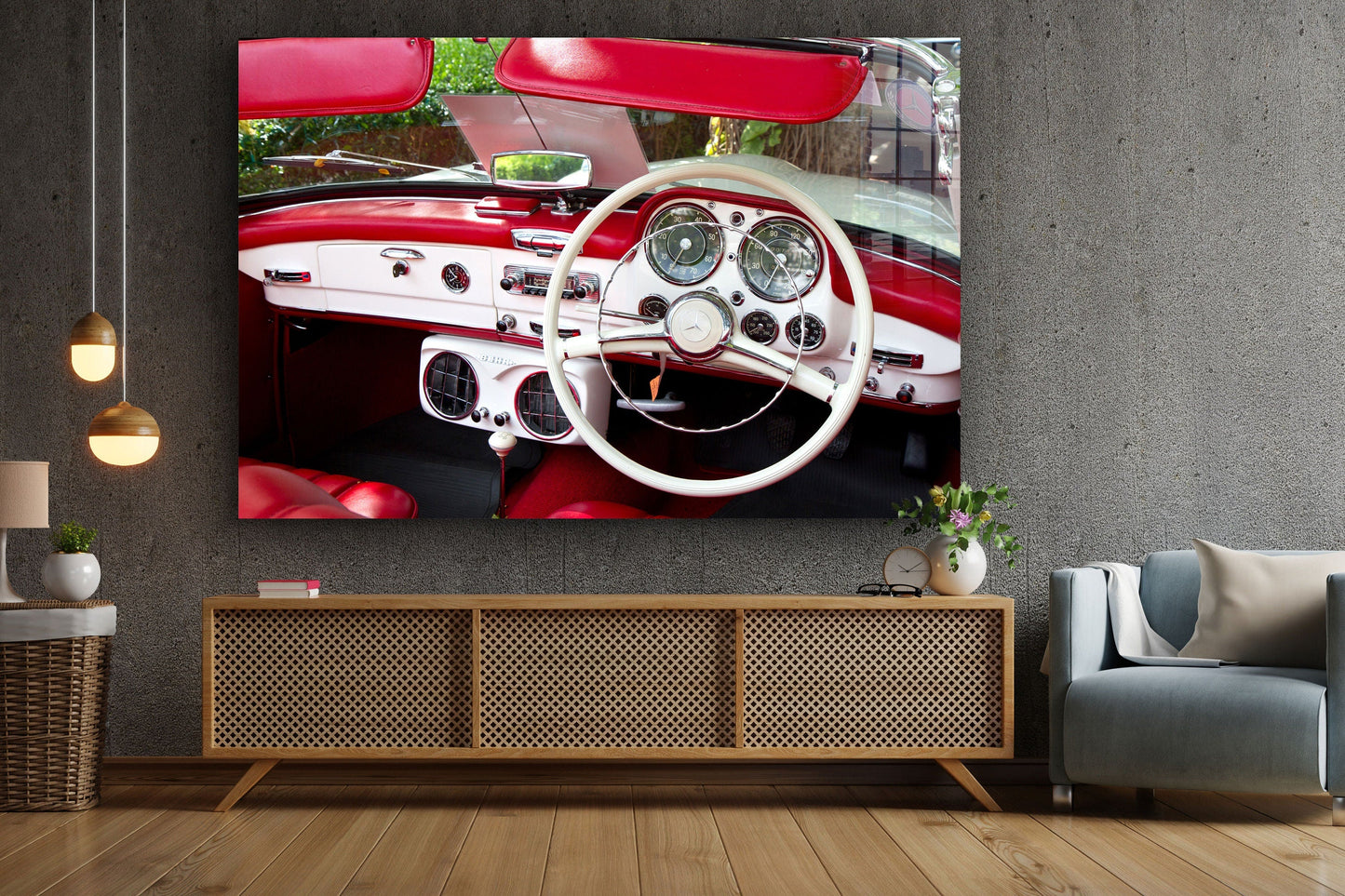 Classic Red Car, Large Glass Wall Art