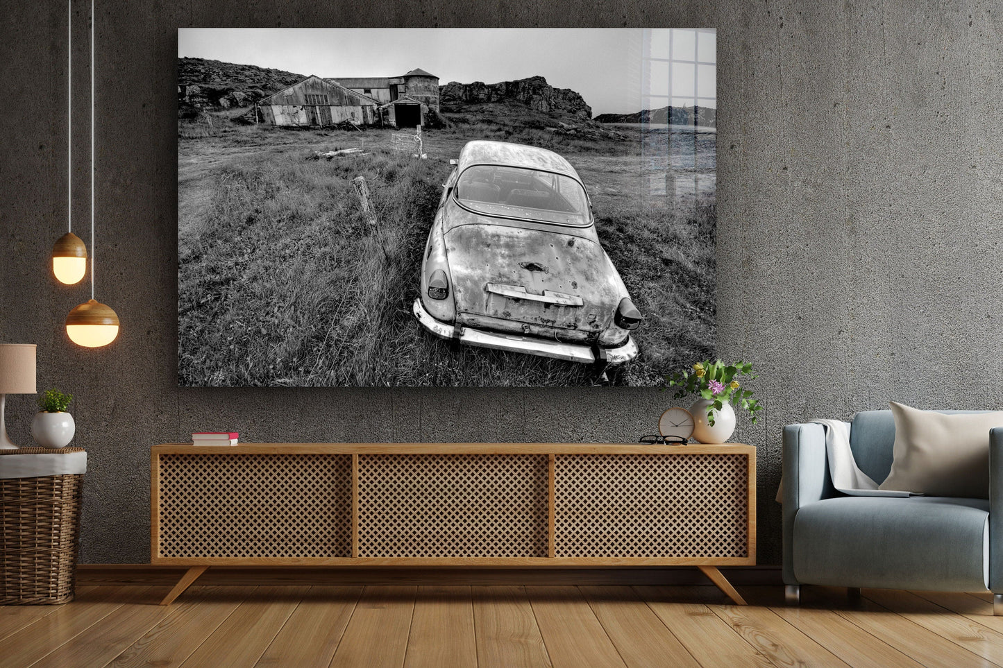 Abandoned Car Landscape Wall Art Large Glass Wall Art