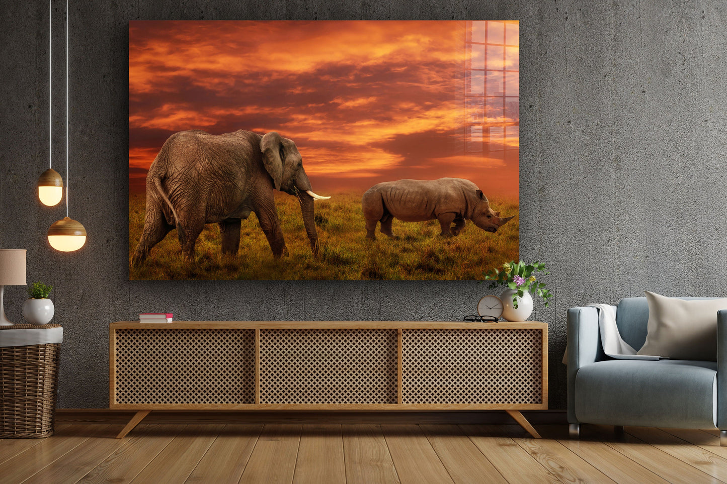 Elephant and Rhino Africa, Large Glass Wall Art