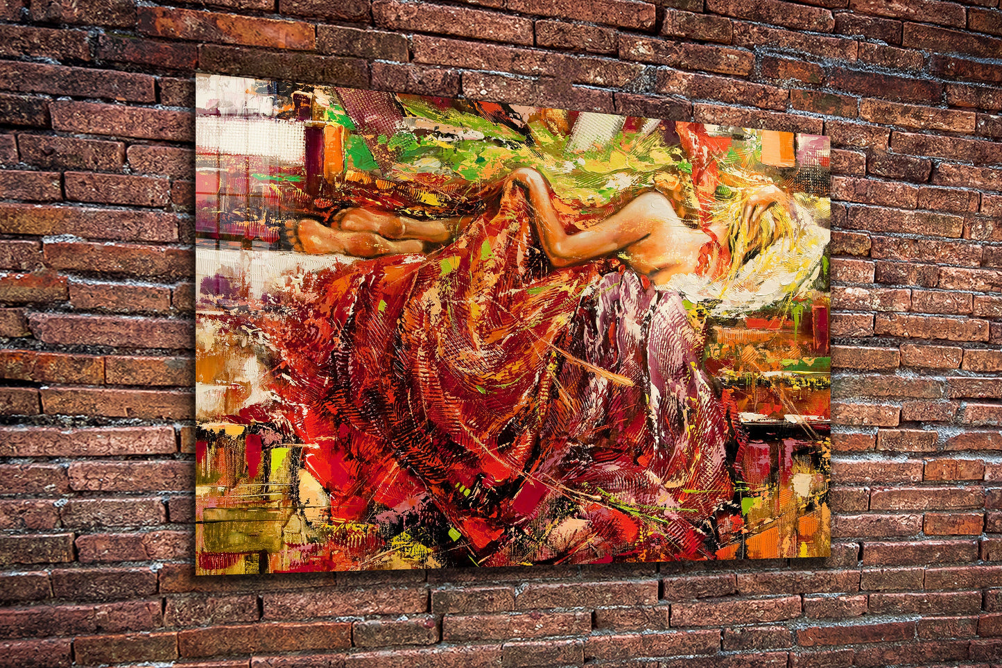 Woman laying in bed Large Glass Wall Art