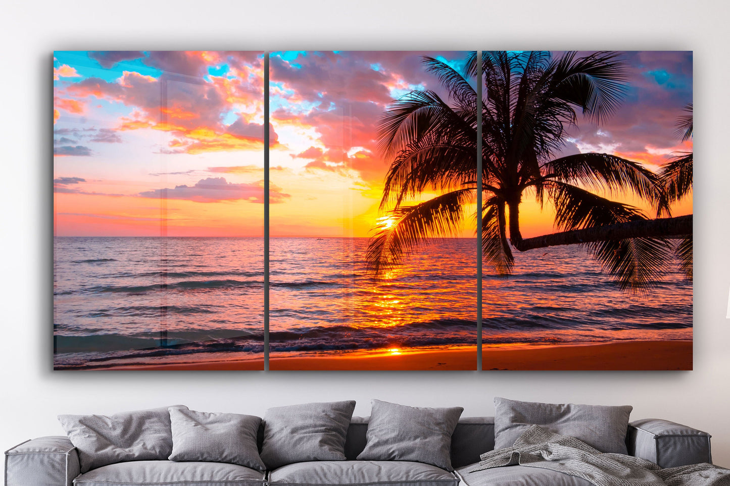 Sunset Palm Tree, Natural Vivid Wall Decor, Large Glass Wall Art