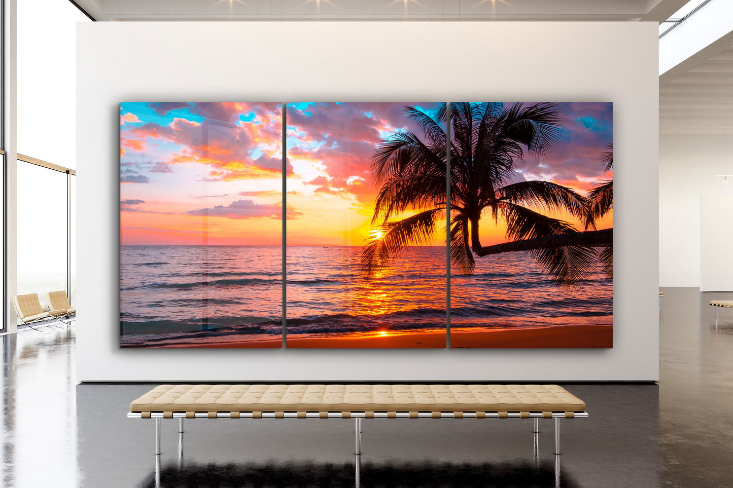 Sunset Palm Tree, Natural Vivid Wall Decor, Large Glass Wall Art