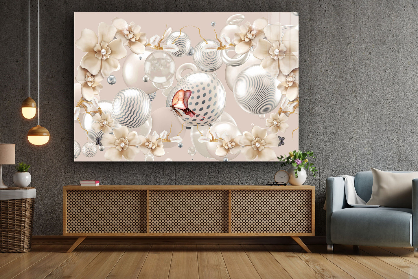 Pearl Flower, Large Glass Wall Art