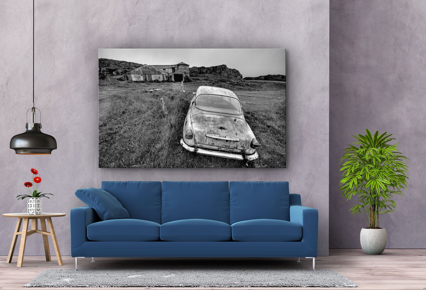 Abandoned Car Landscape Wall Art Large Glass Wall Art
