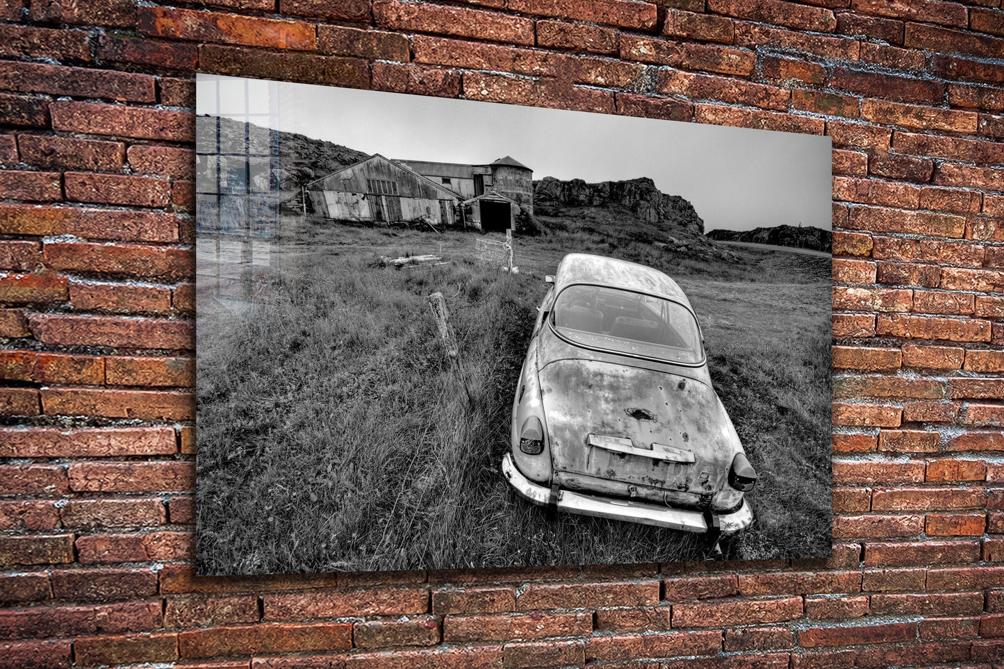 Abandoned Car Landscape Wall Art Large Glass Wall Art