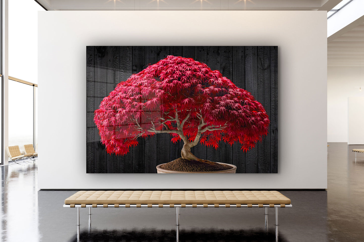 Red Maple Bonsai Tree, Large Glass Wall Art