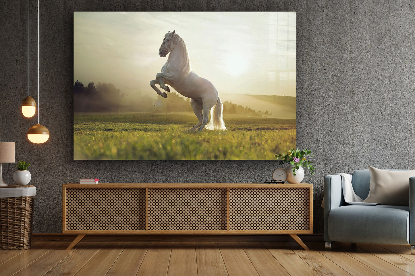 White Horse Large Glass Wall Art