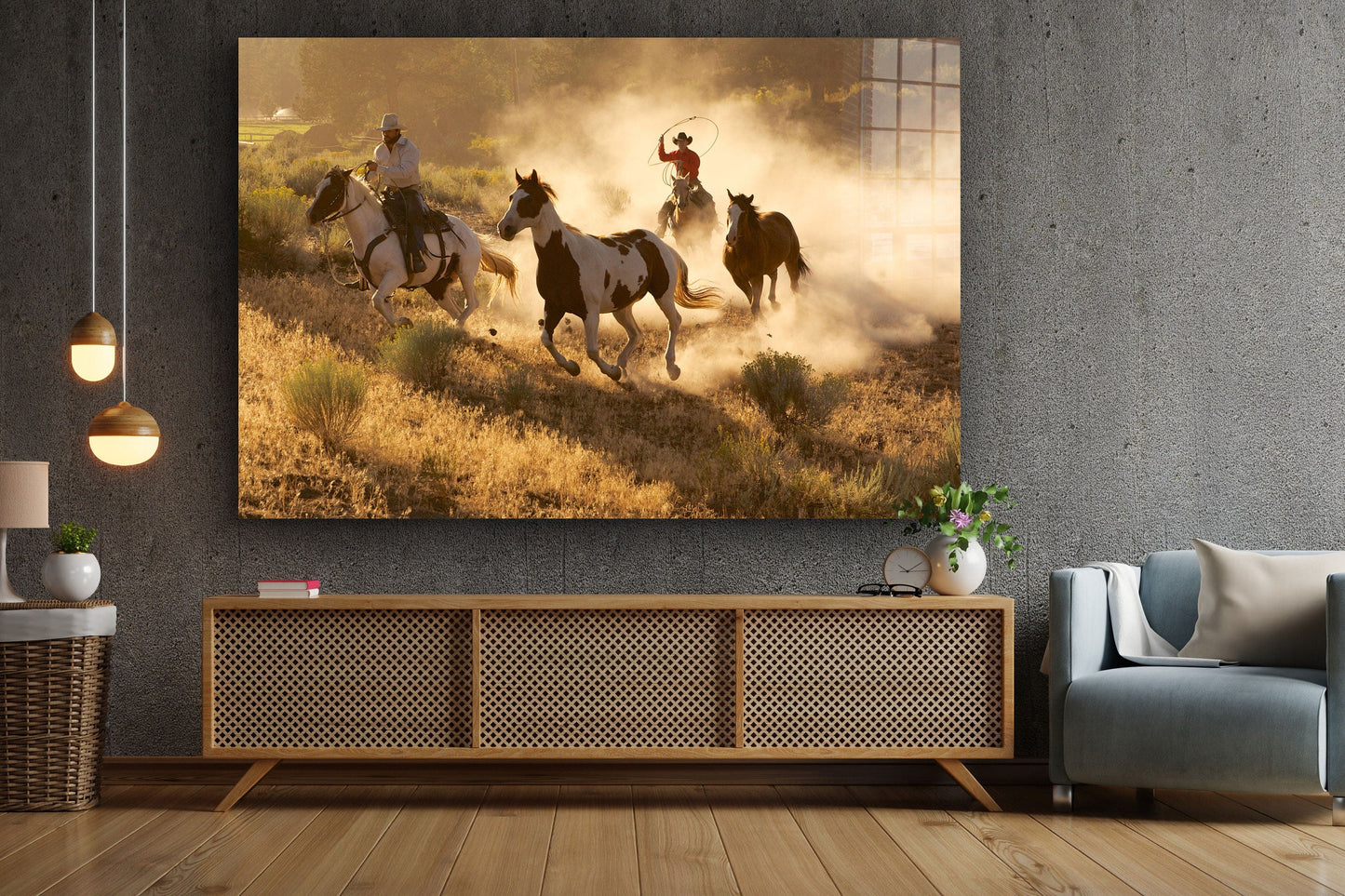 Cowboy's Chase, Large Glass Wall Art