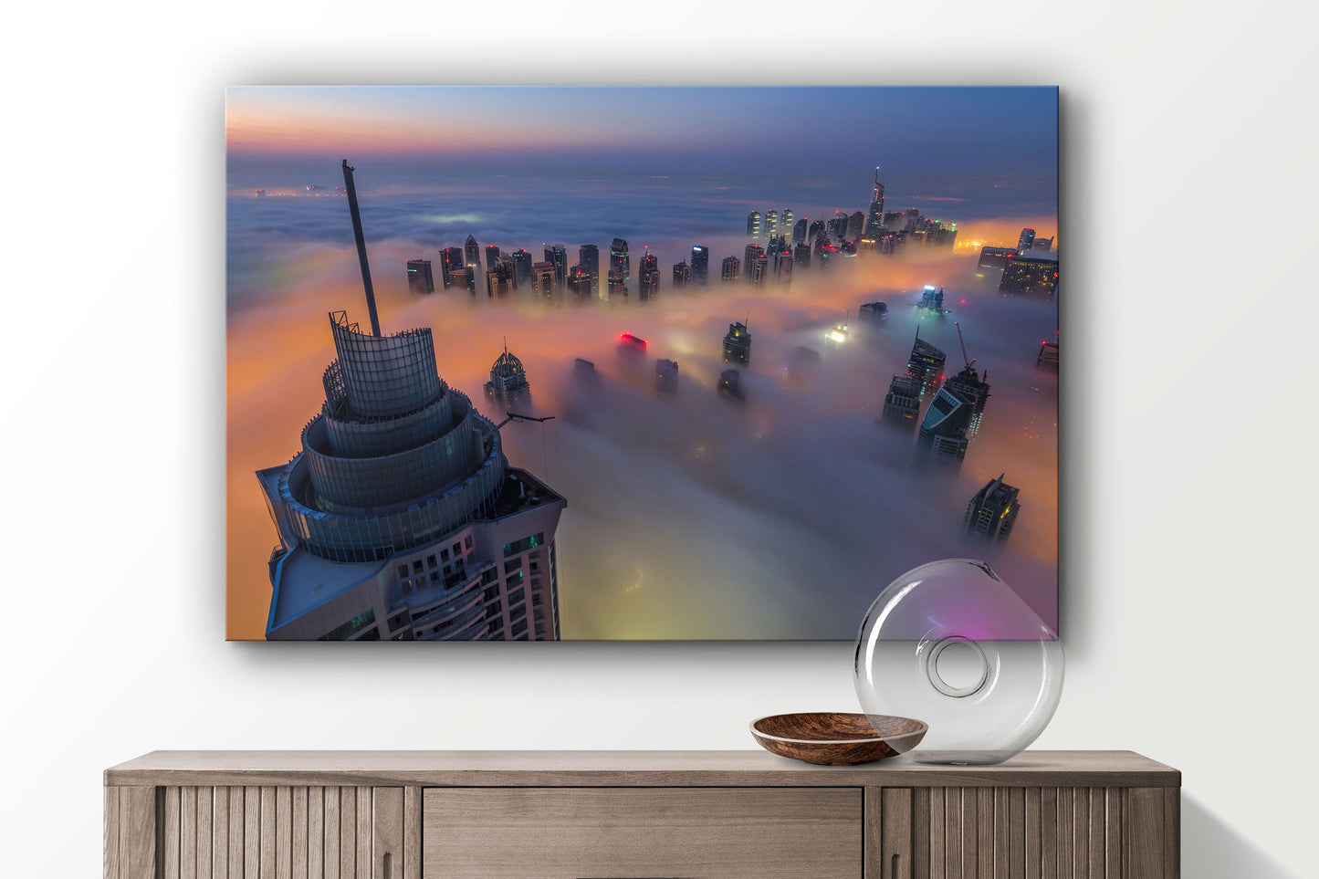 Skyscrapers in Fog Dubai, Large Glass Wall Art