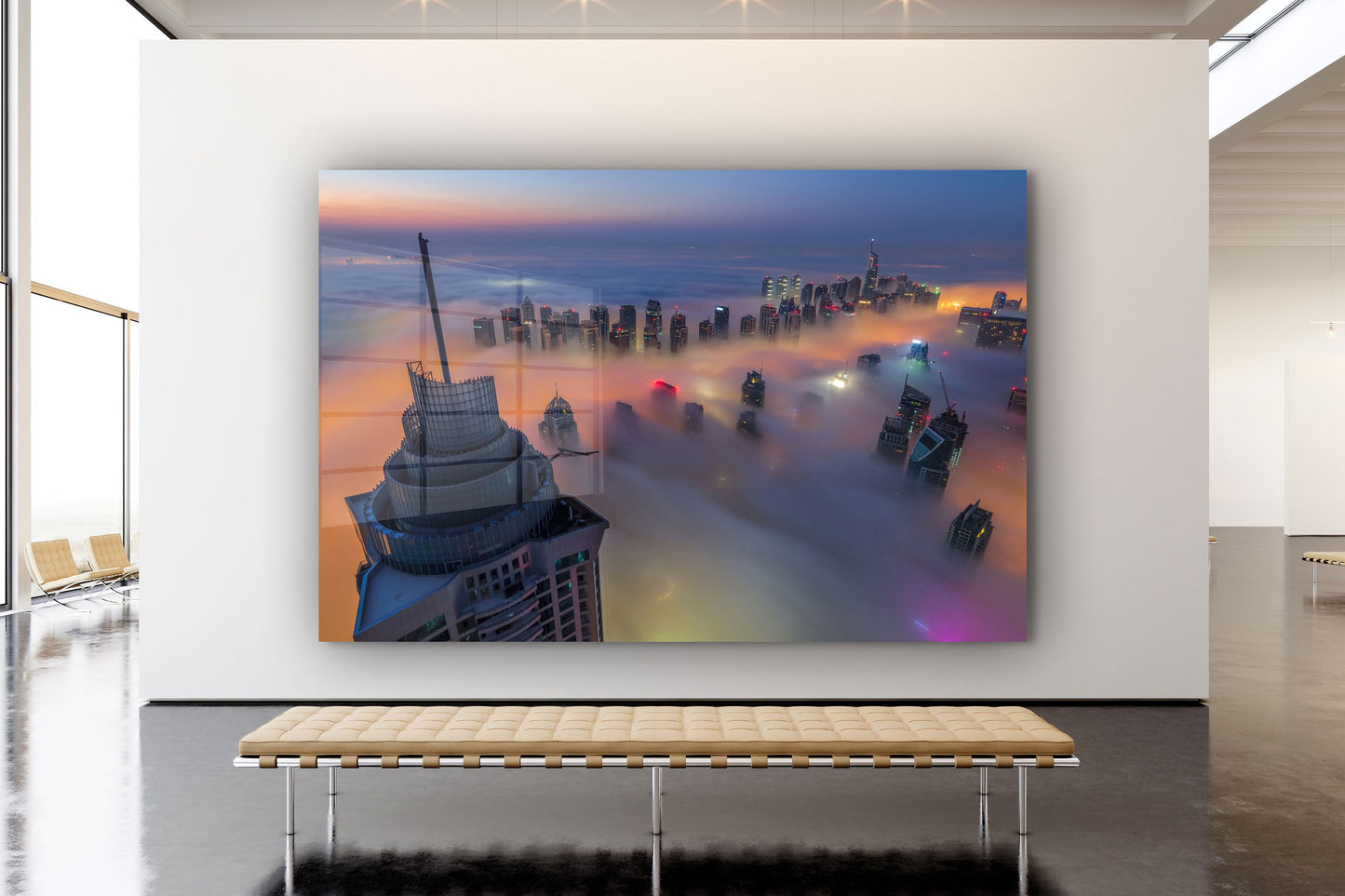 Skyscrapers in Fog Dubai, Large Glass Wall Art