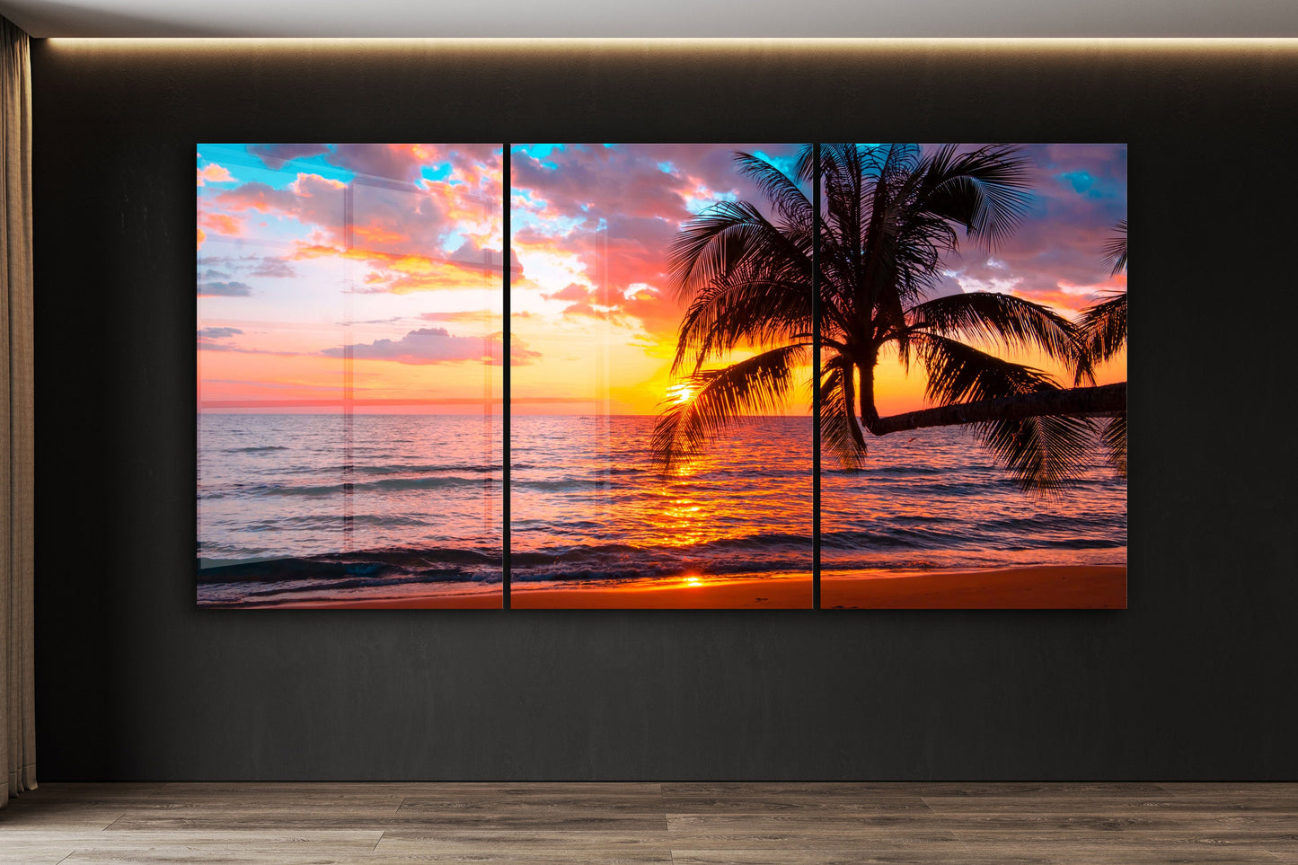 Sunset Palm Tree, Natural Vivid Wall Decor, Large Glass Wall Art