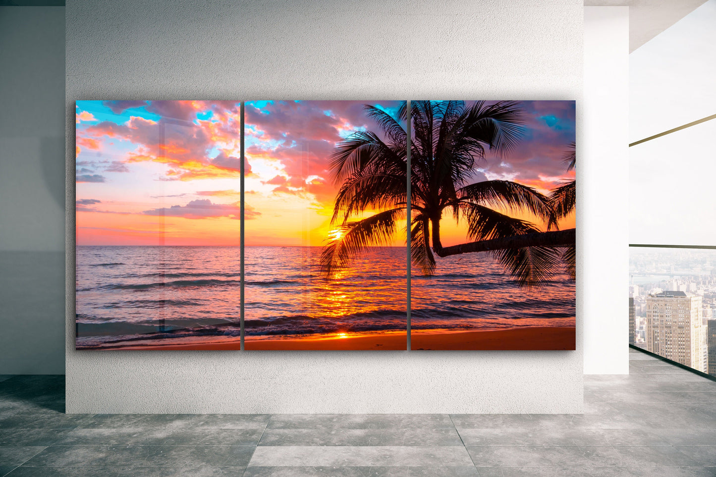 Sunset Palm Tree, Natural Vivid Wall Decor, Large Glass Wall Art