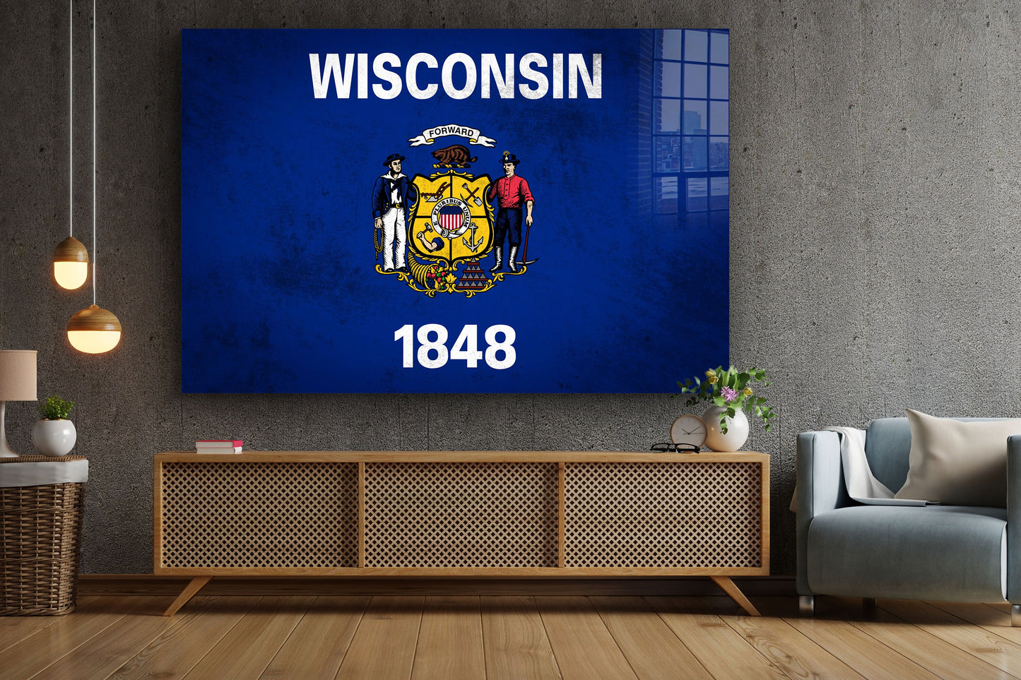 Wisconsin Grungy Flag Large Glass Wall Art