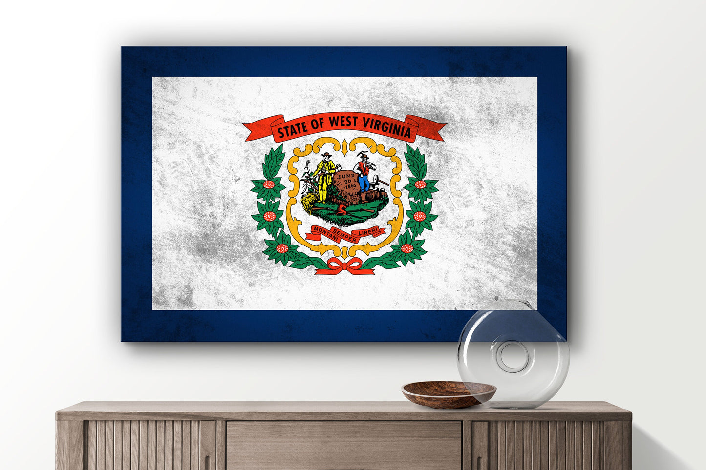 West Virginia Flag Grungy Large Glass Wall Art