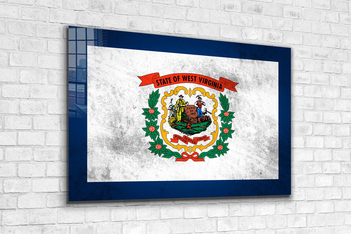 West Virginia Flag Grungy Large Glass Wall Art