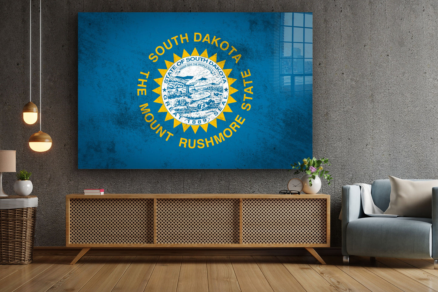 South Dakota Grungy Flag Large Glass Wall Art