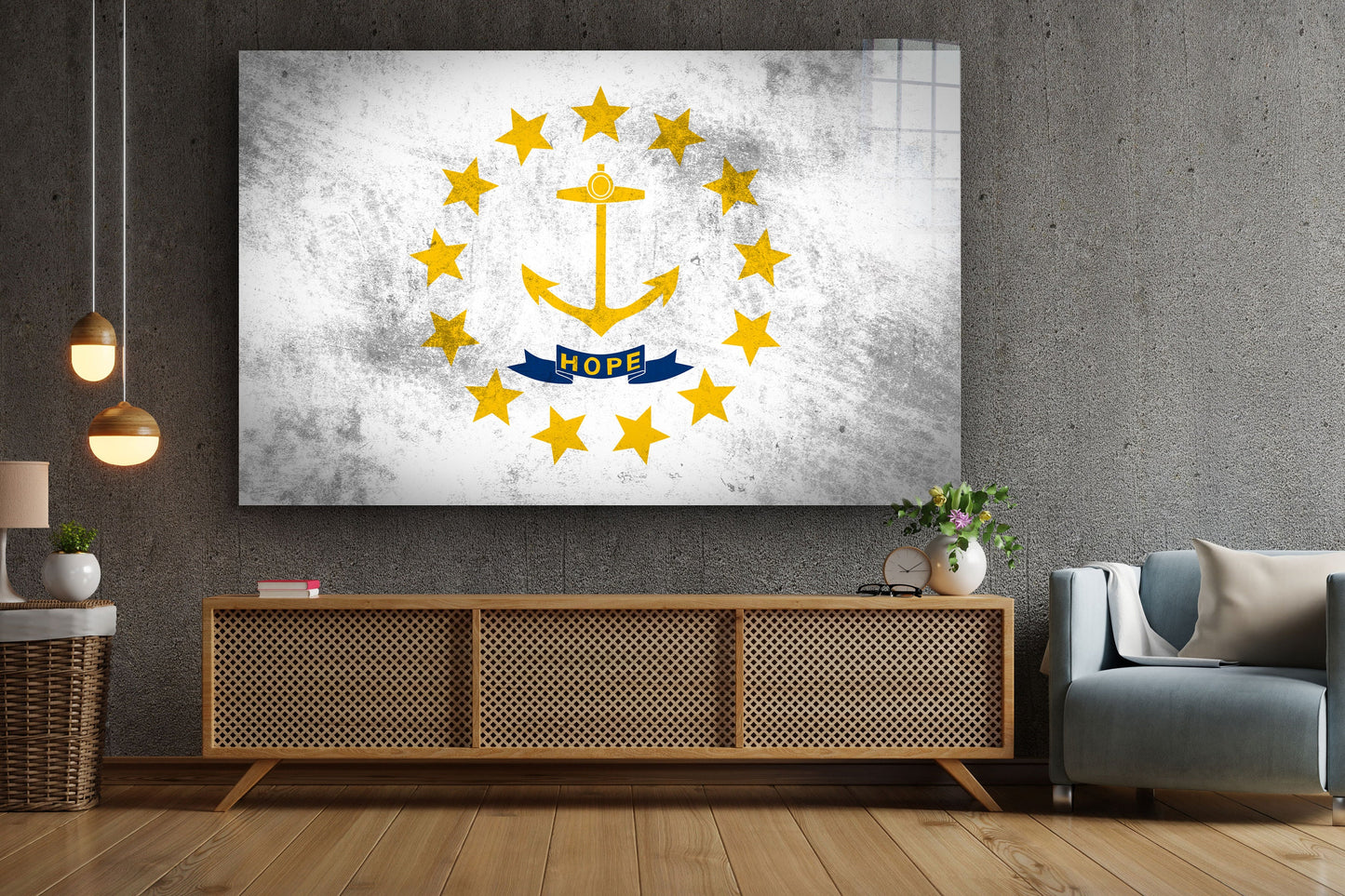 Rhode Island Grungy Flag Large Glass Wall Art