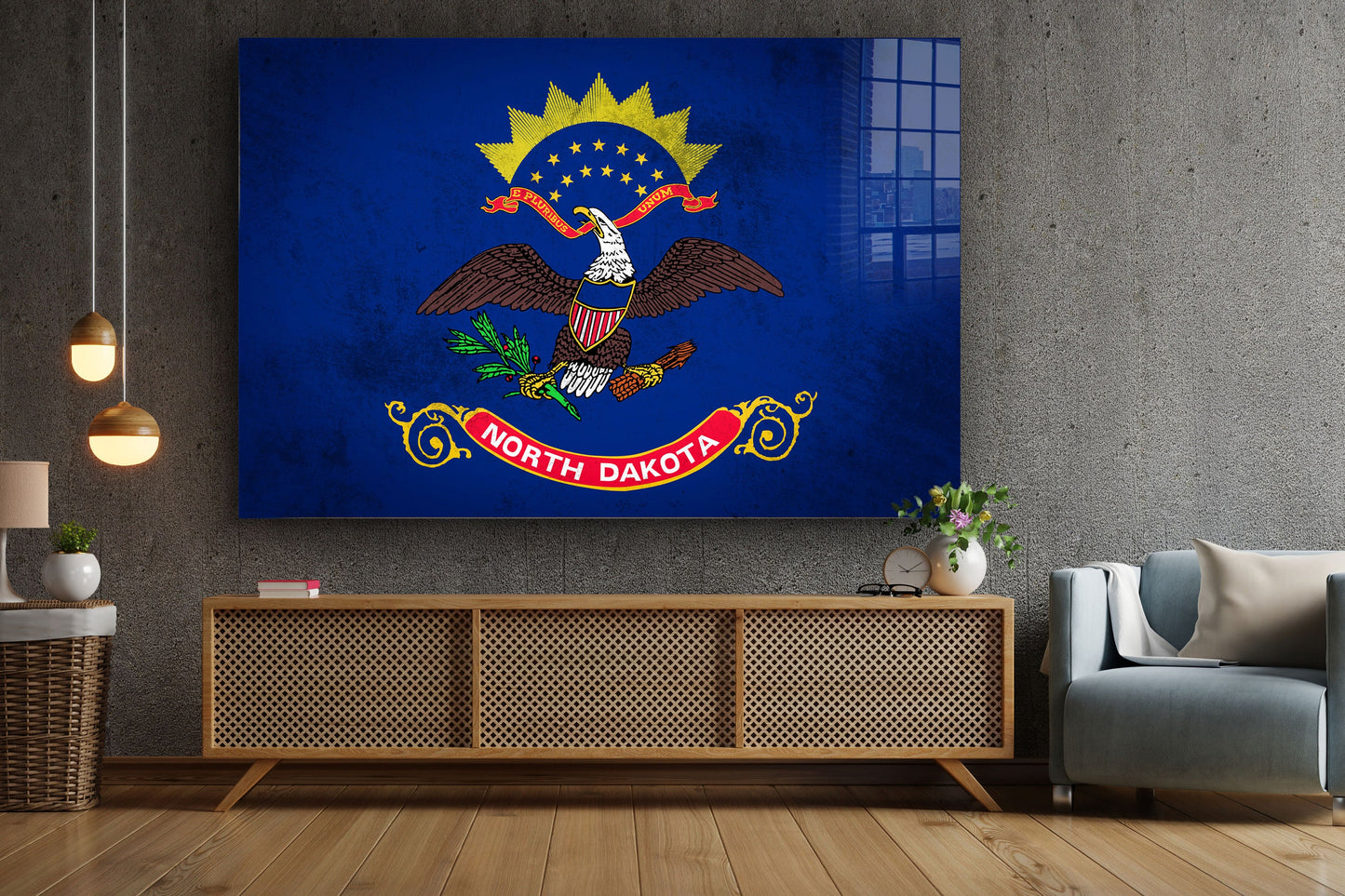 North Dakota Grungy Flag, Large Glass Wall Art