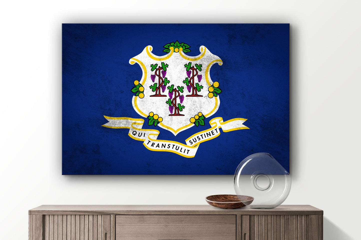 Connecticut Grungy Flag, Large Glass Wall Art