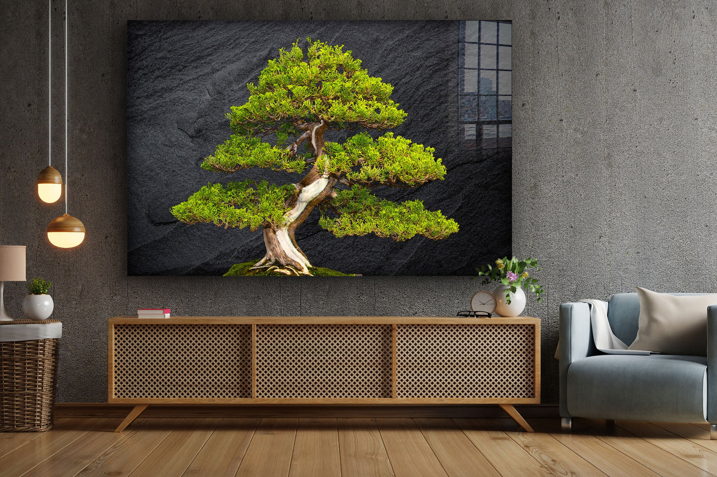 Pine Tree Bonsai, Large Glass Wall Art
