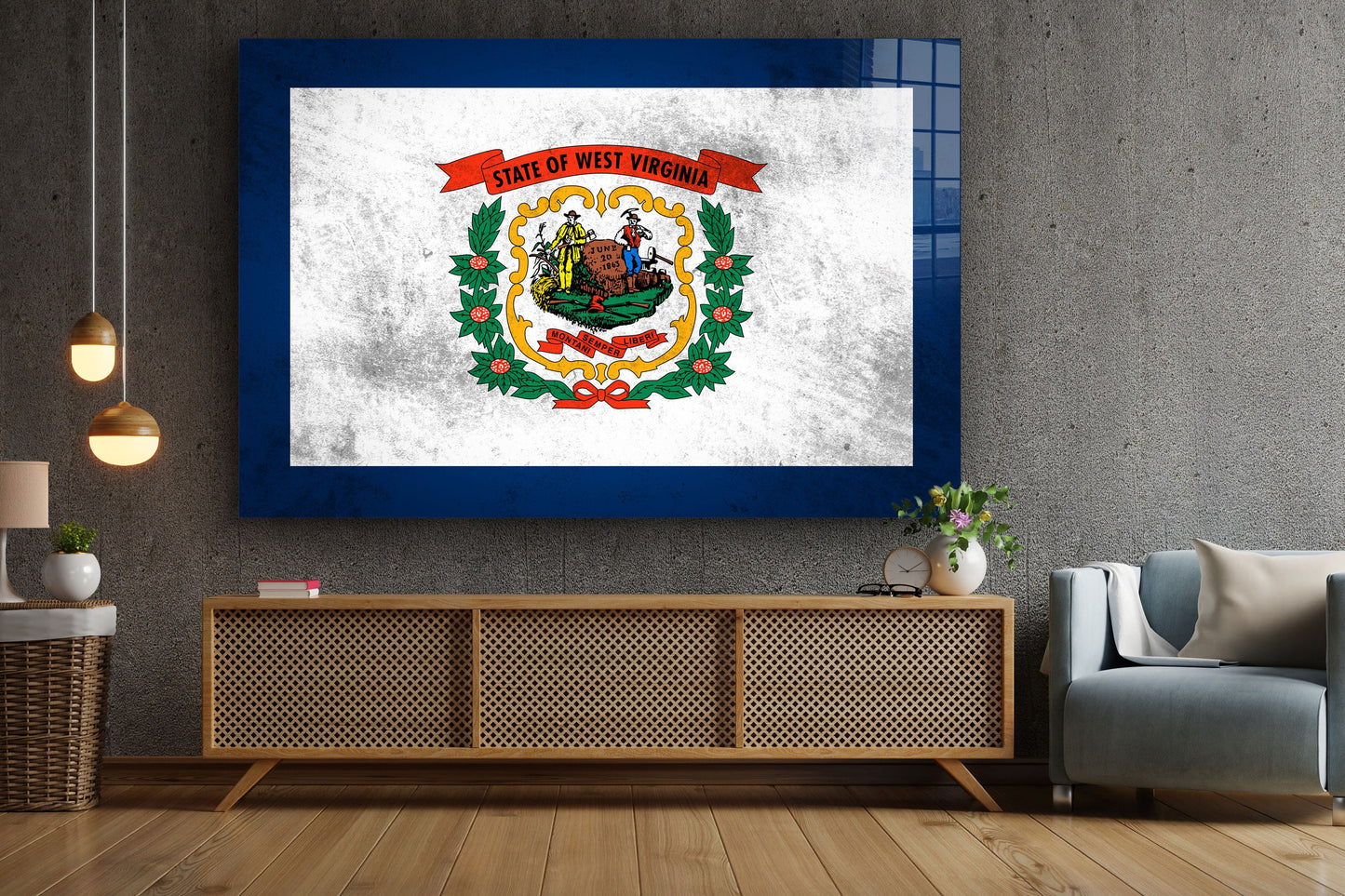 West Virginia Flag Grungy Large Glass Wall Art