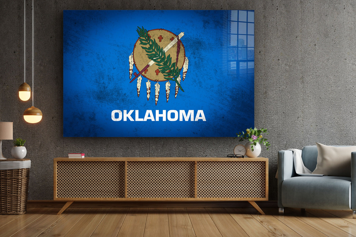 Oklahoma Grungy Flag, Large Glass Wall Art