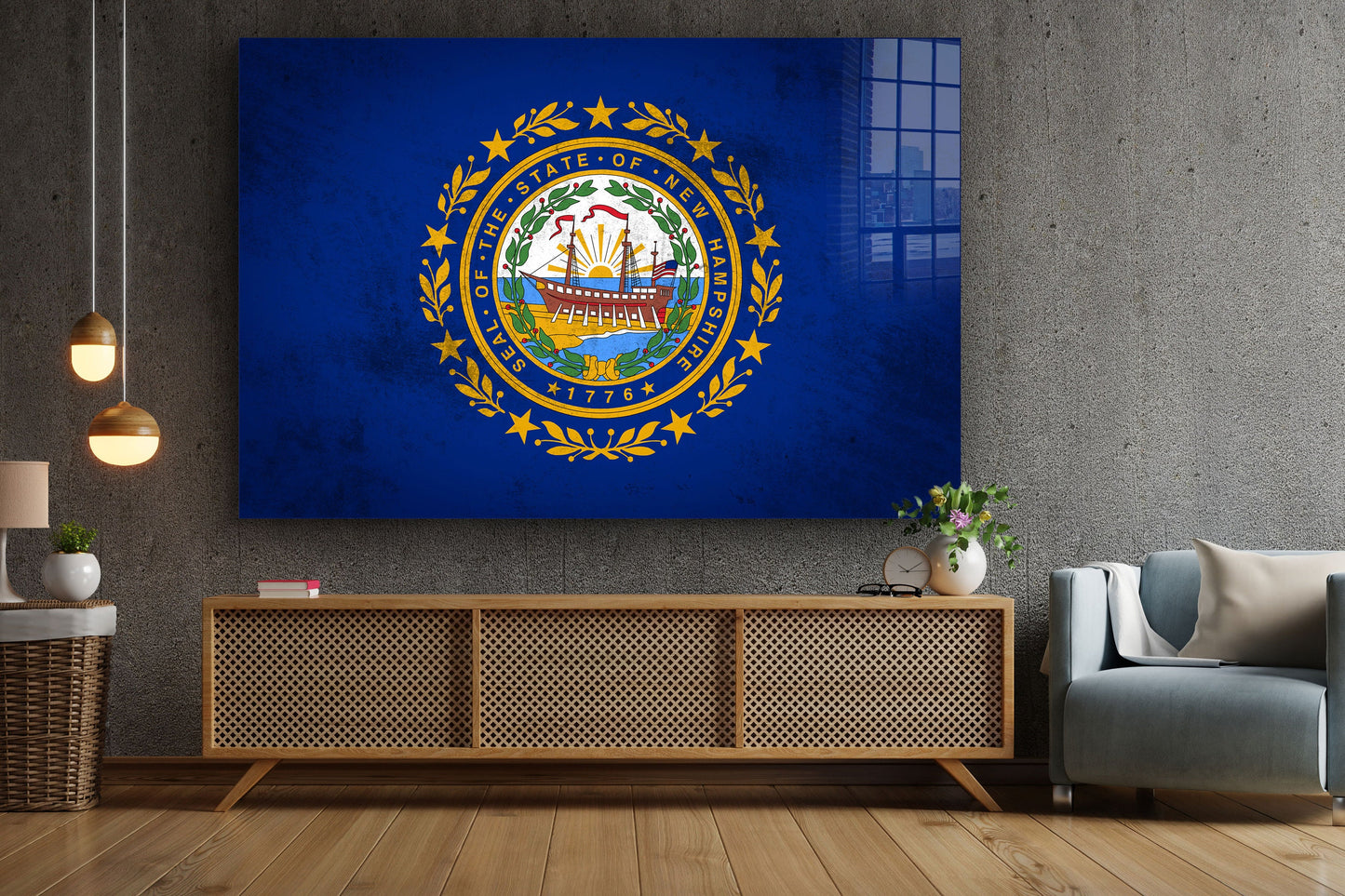 New Hampshire Grungy Flag, Large Glass Wall Art