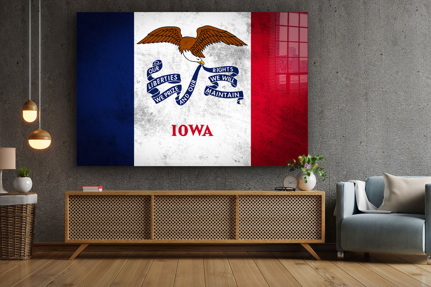 Iowa Grungy Flag, Large Glass Wall Art