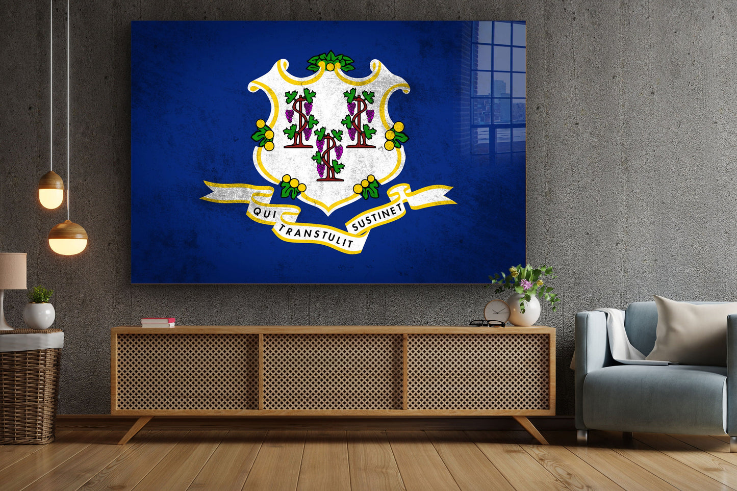 Connecticut Grungy Flag, Large Glass Wall Art