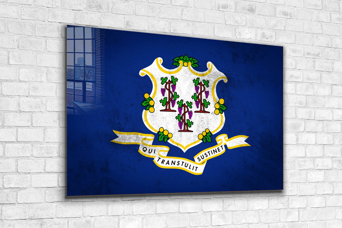 Connecticut Grungy Flag, Large Glass Wall Art