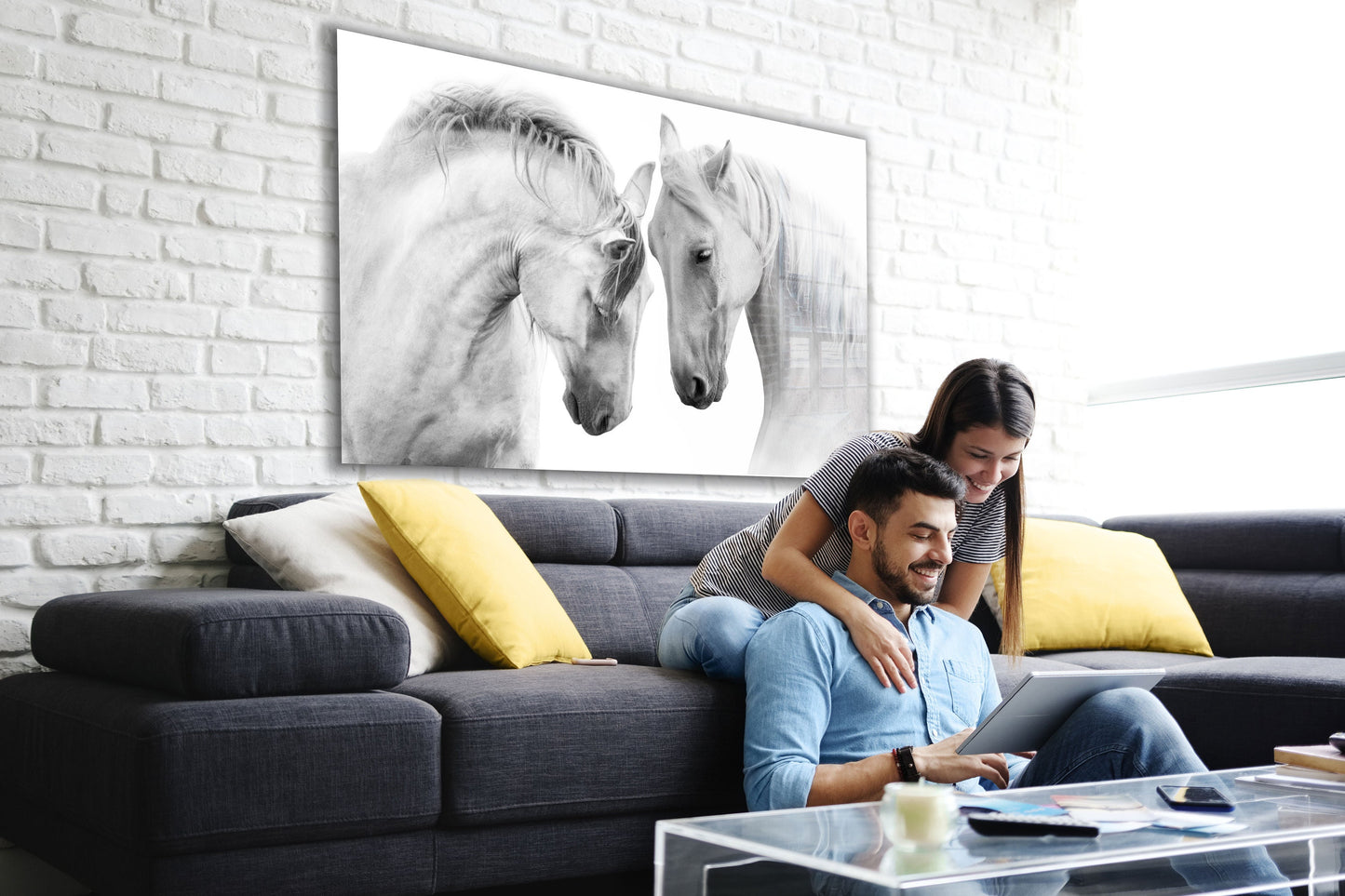 White Horses Large Glass Wall Art