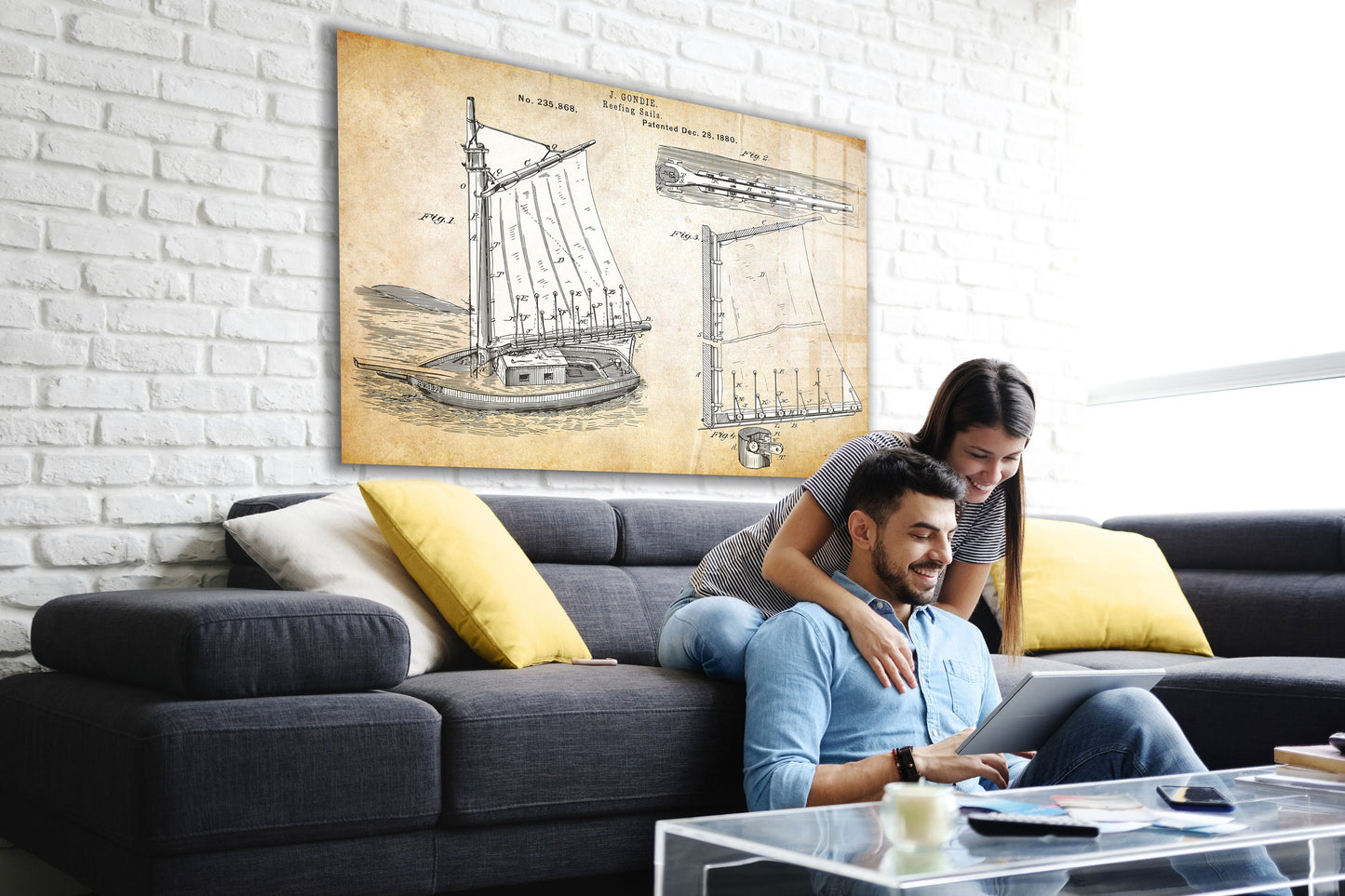 Sailing Ship Patent Printing, Large Glass Wall Art