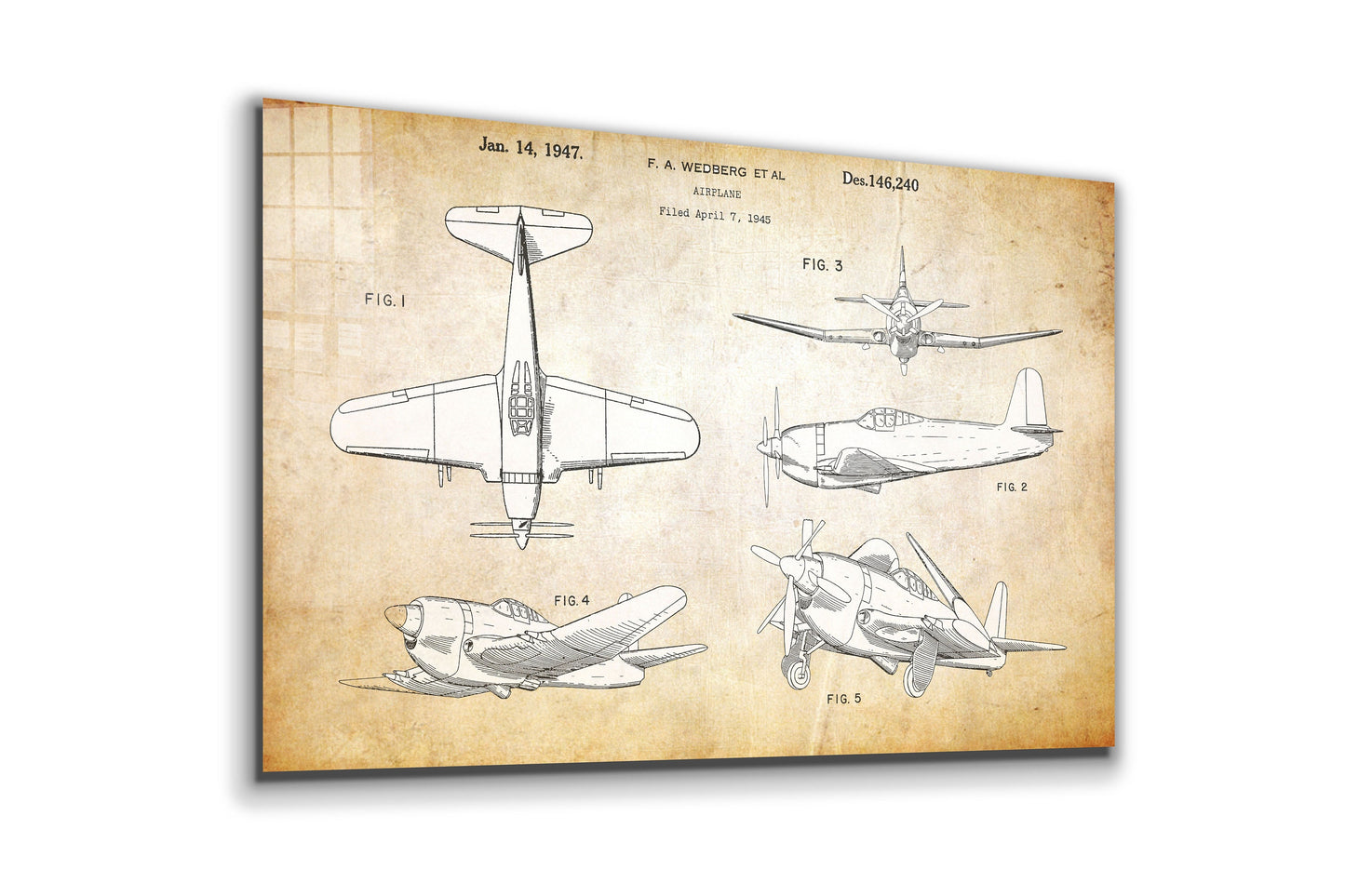 Aeroplane Patent, Large Glass Wall Art