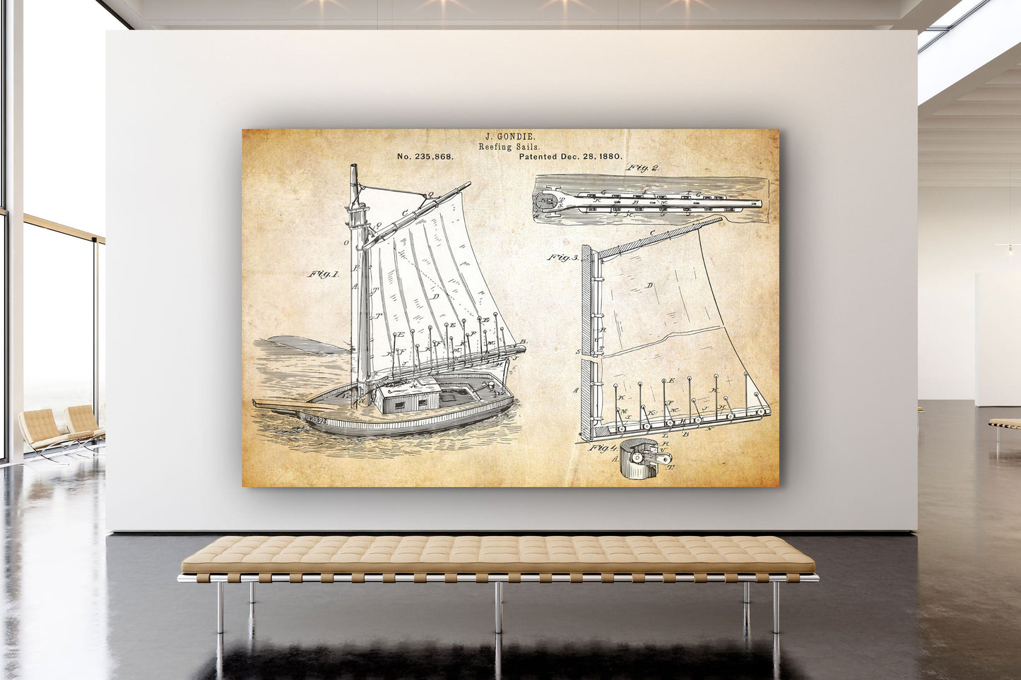 Sailing Ship Patent Printing, Large Glass Wall Art
