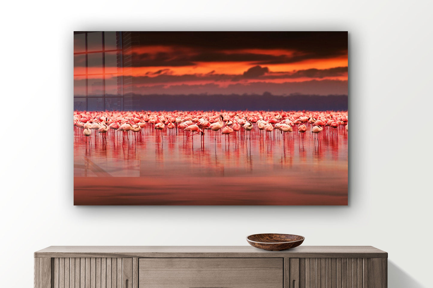 Pink Flamingos, Ocean Sunset, Large Glass Wall Art