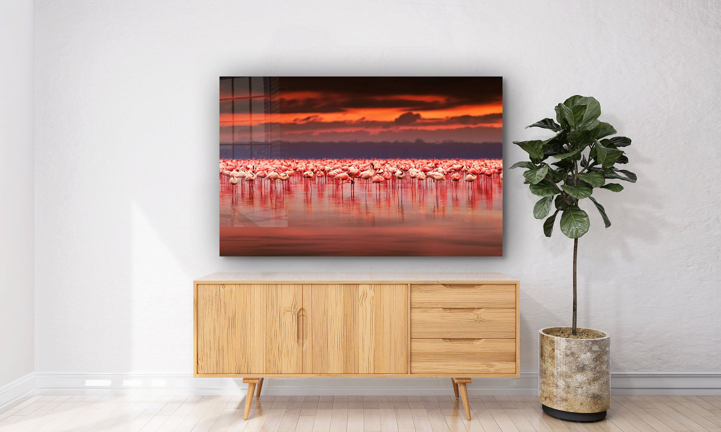 Pink Flamingos, Ocean Sunset, Large Glass Wall Art