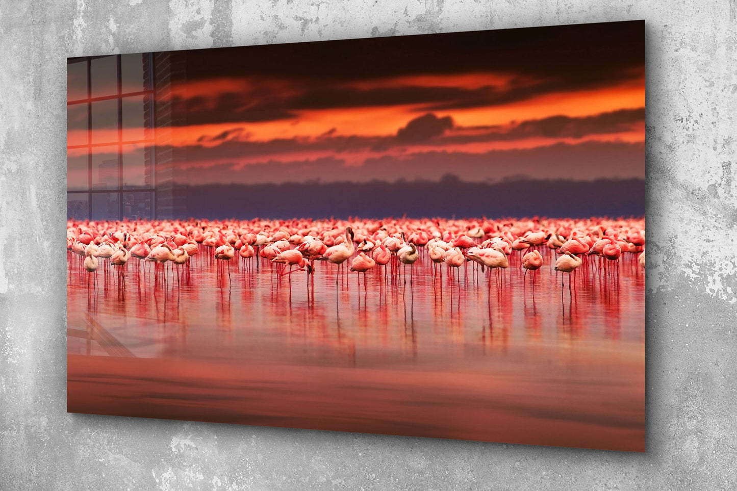 Pink Flamingos, Ocean Sunset, Large Glass Wall Art