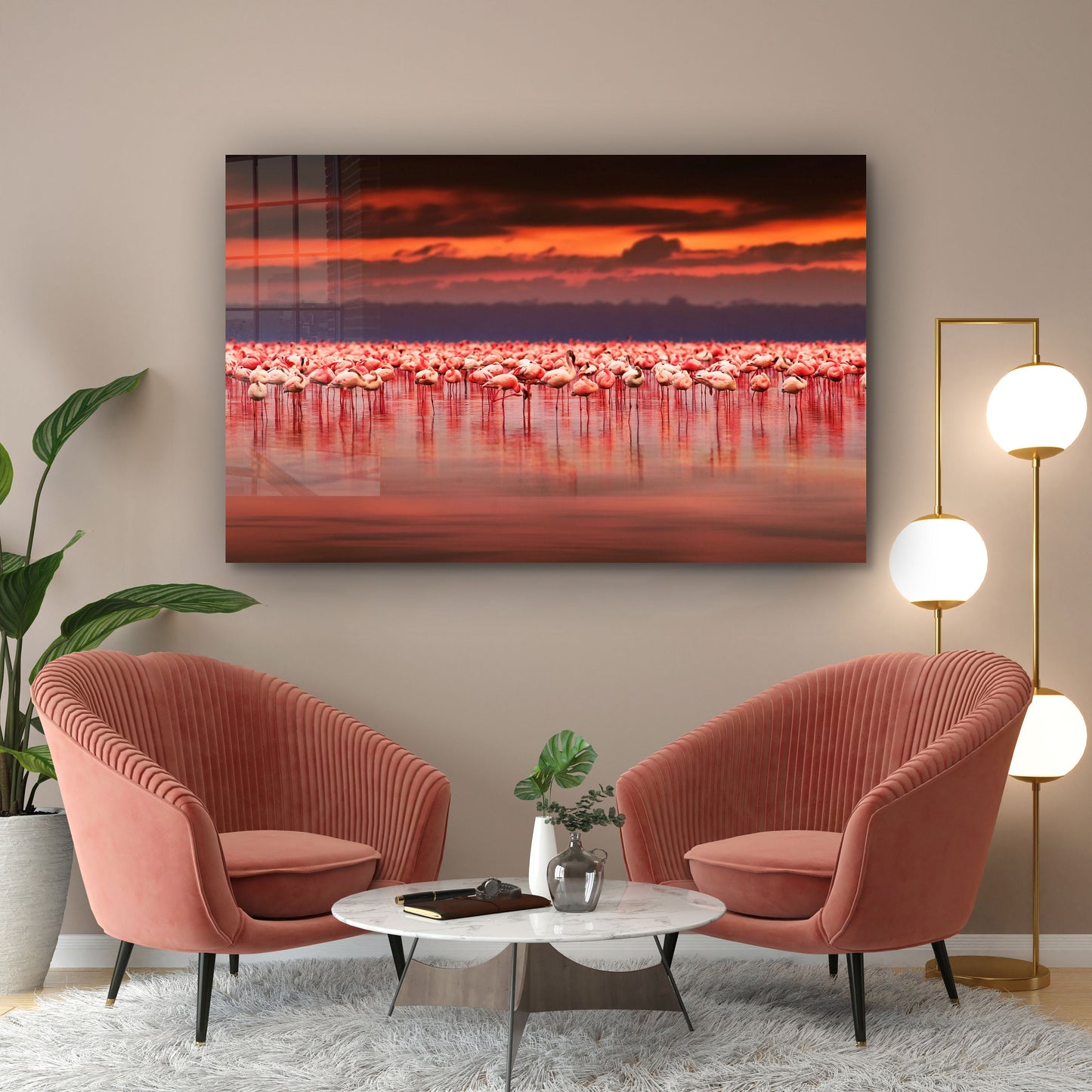 Pink Flamingos, Ocean Sunset, Large Glass Wall Art