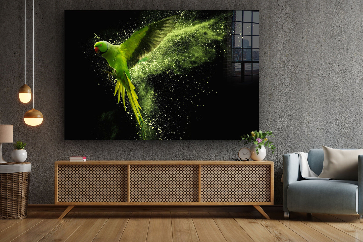 Green Parrot, Large Glass Wall Art