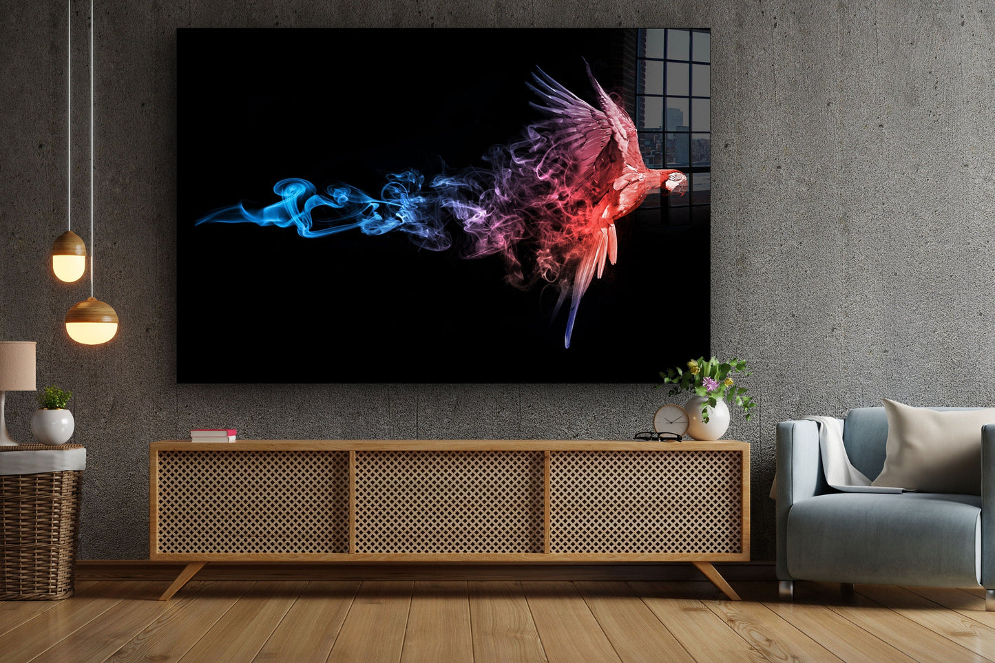 Blue Smoke Parrot, Large Glass Wall Art